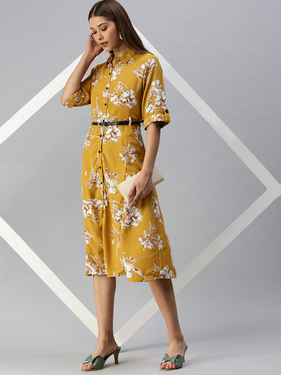 Women's Printed Fit and Flare Mustard Dress