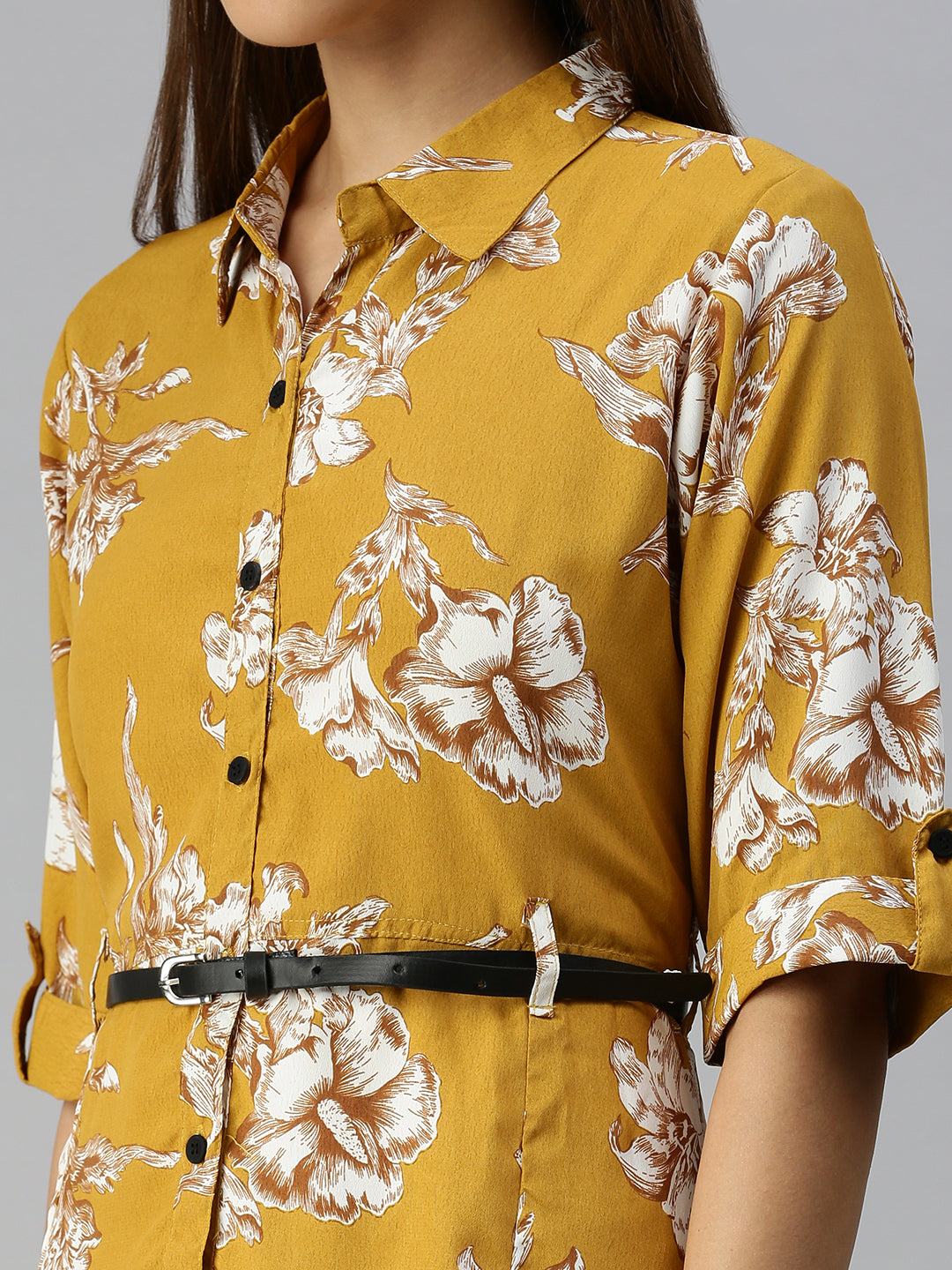 Women's Printed Fit and Flare Mustard Dress