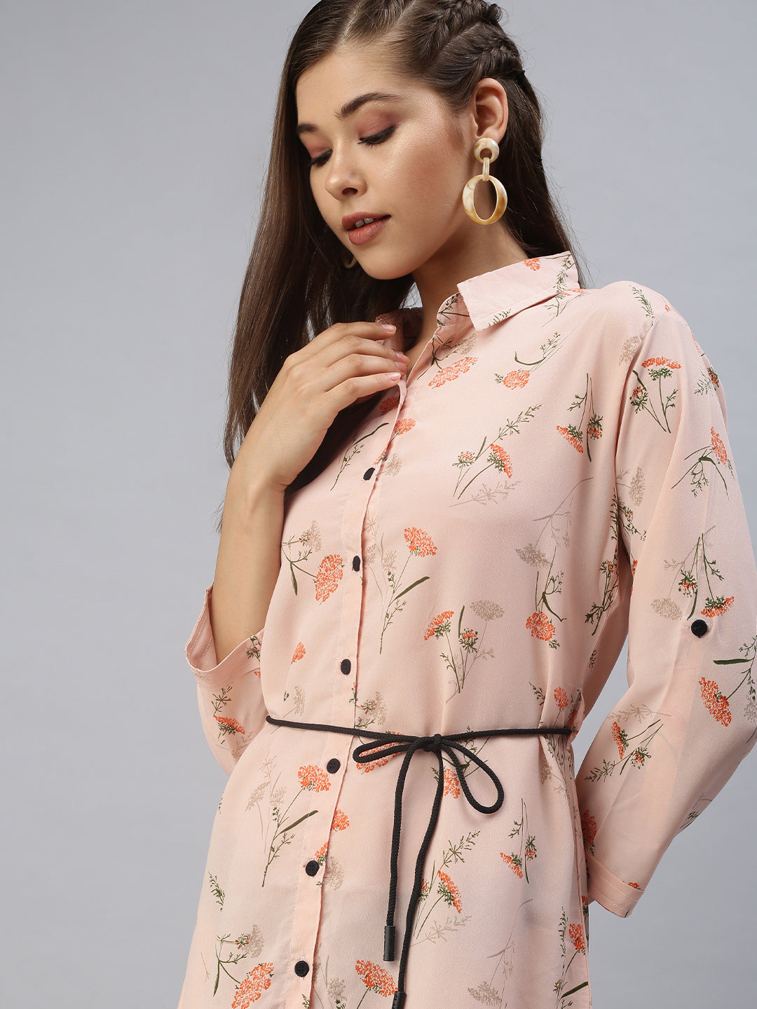 Women Printed Shirt Style Peach Dress