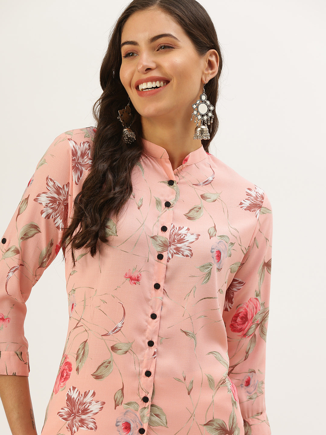 Women Mandarin Collar Printed Peach Straight Kurta