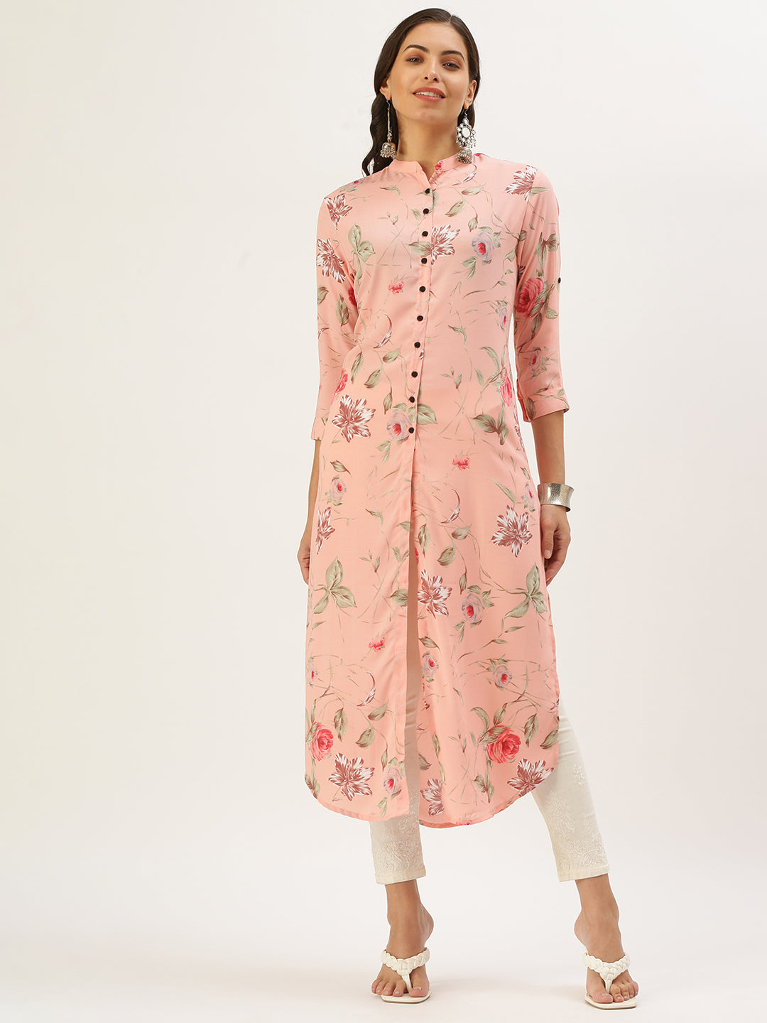 Women Mandarin Collar Printed Peach Straight Kurta