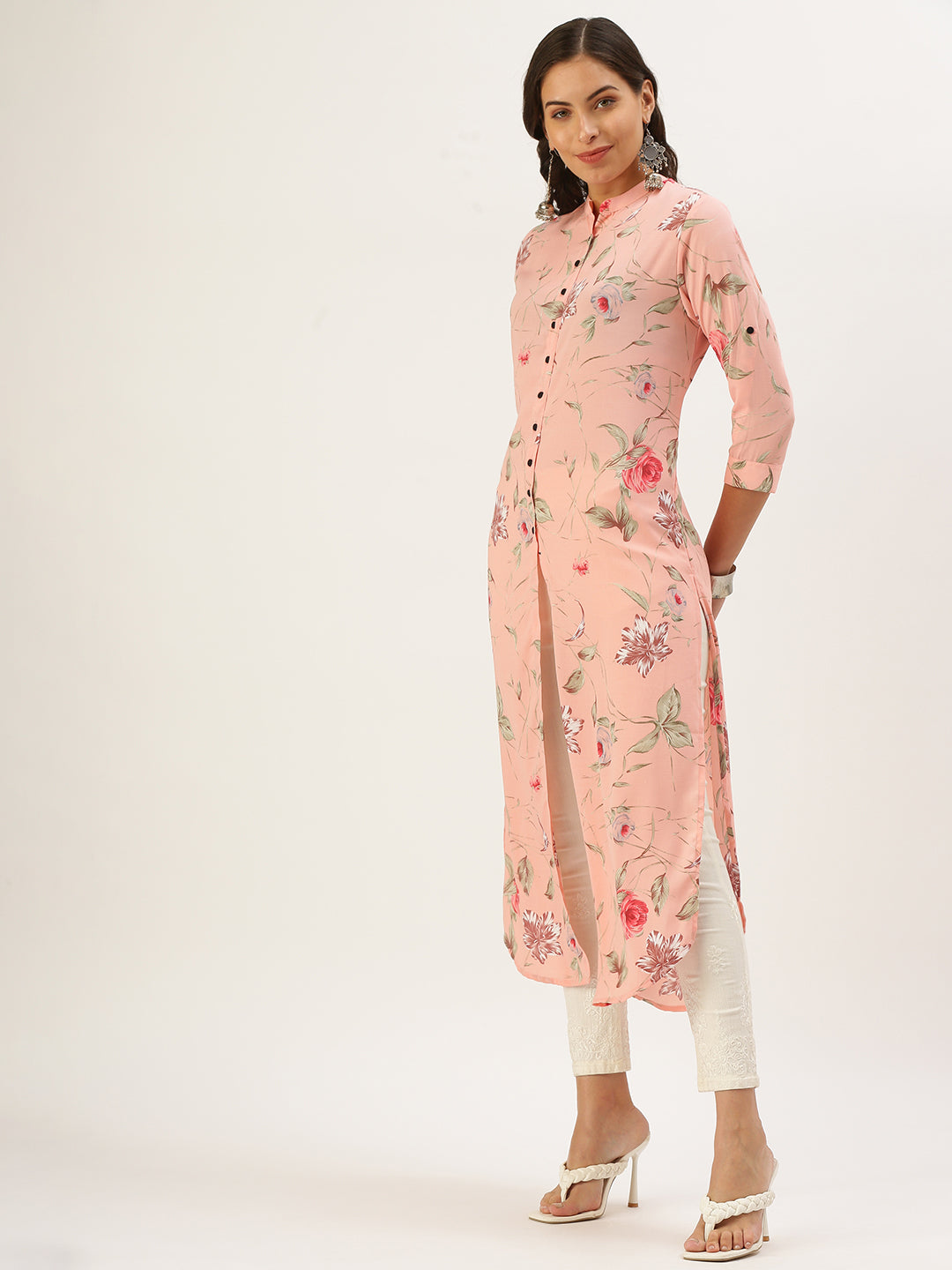 Women Mandarin Collar Printed Peach Straight Kurta