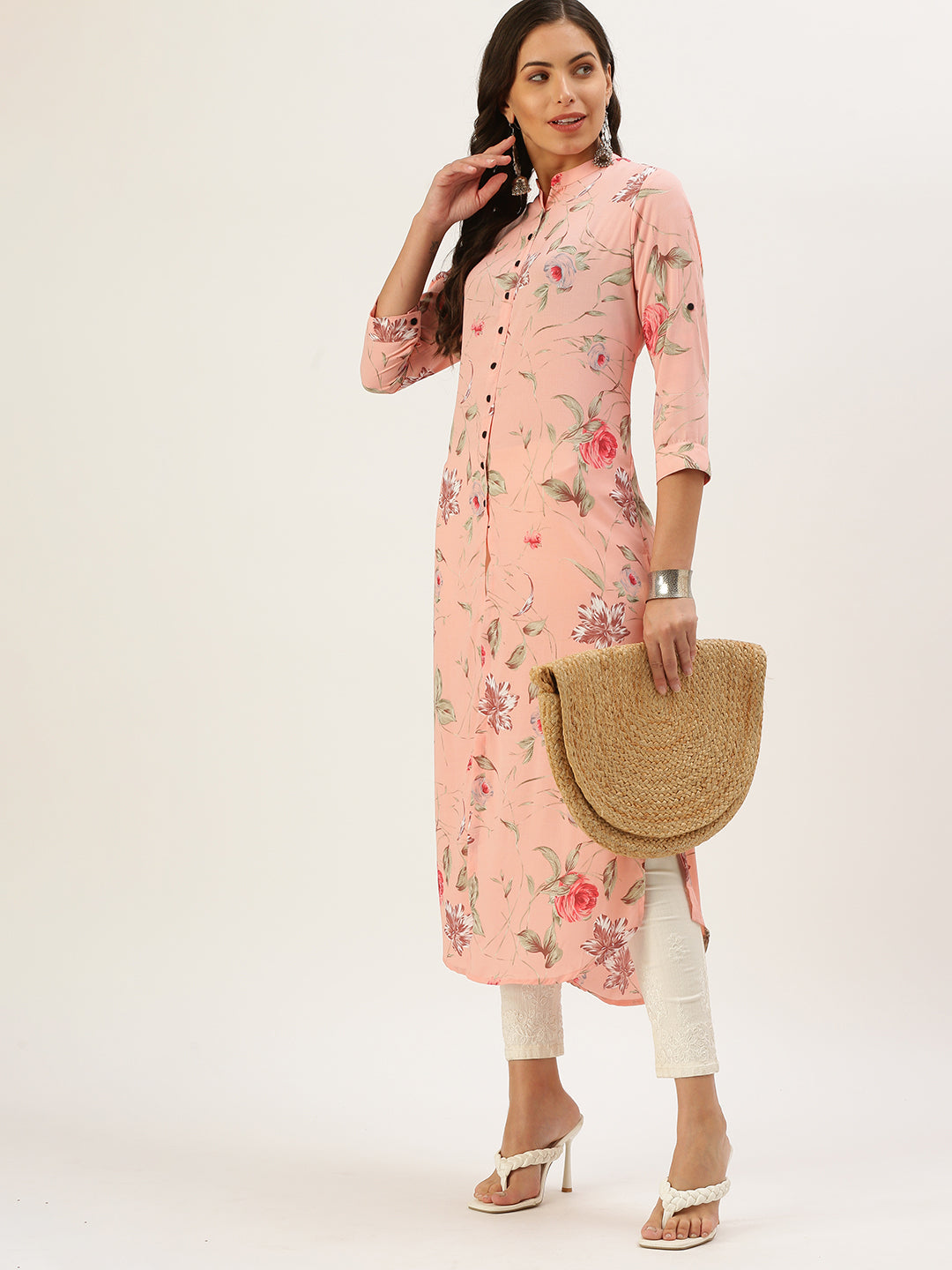 Women Mandarin Collar Printed Peach Straight Kurta