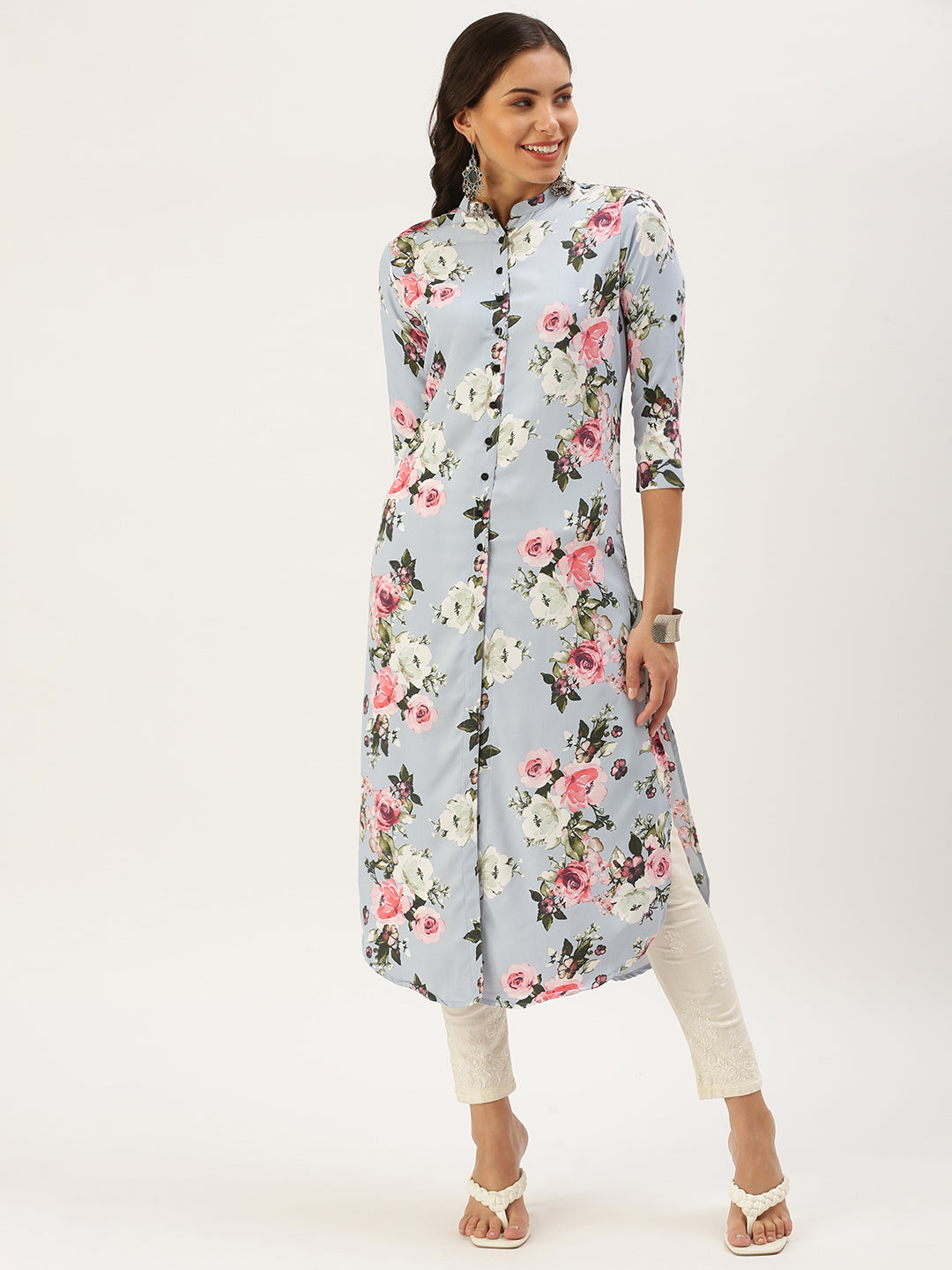 Women Mandarin Collar Printed Blue Straight Kurta