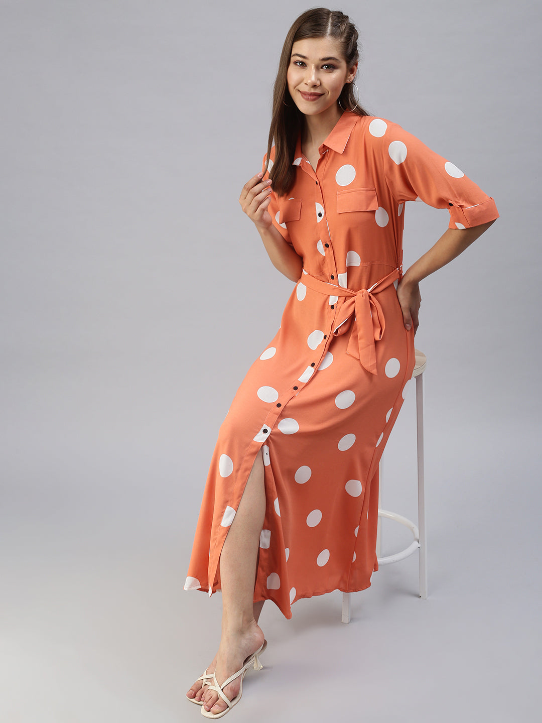 Women Printed Fit and Flare Orange Dress