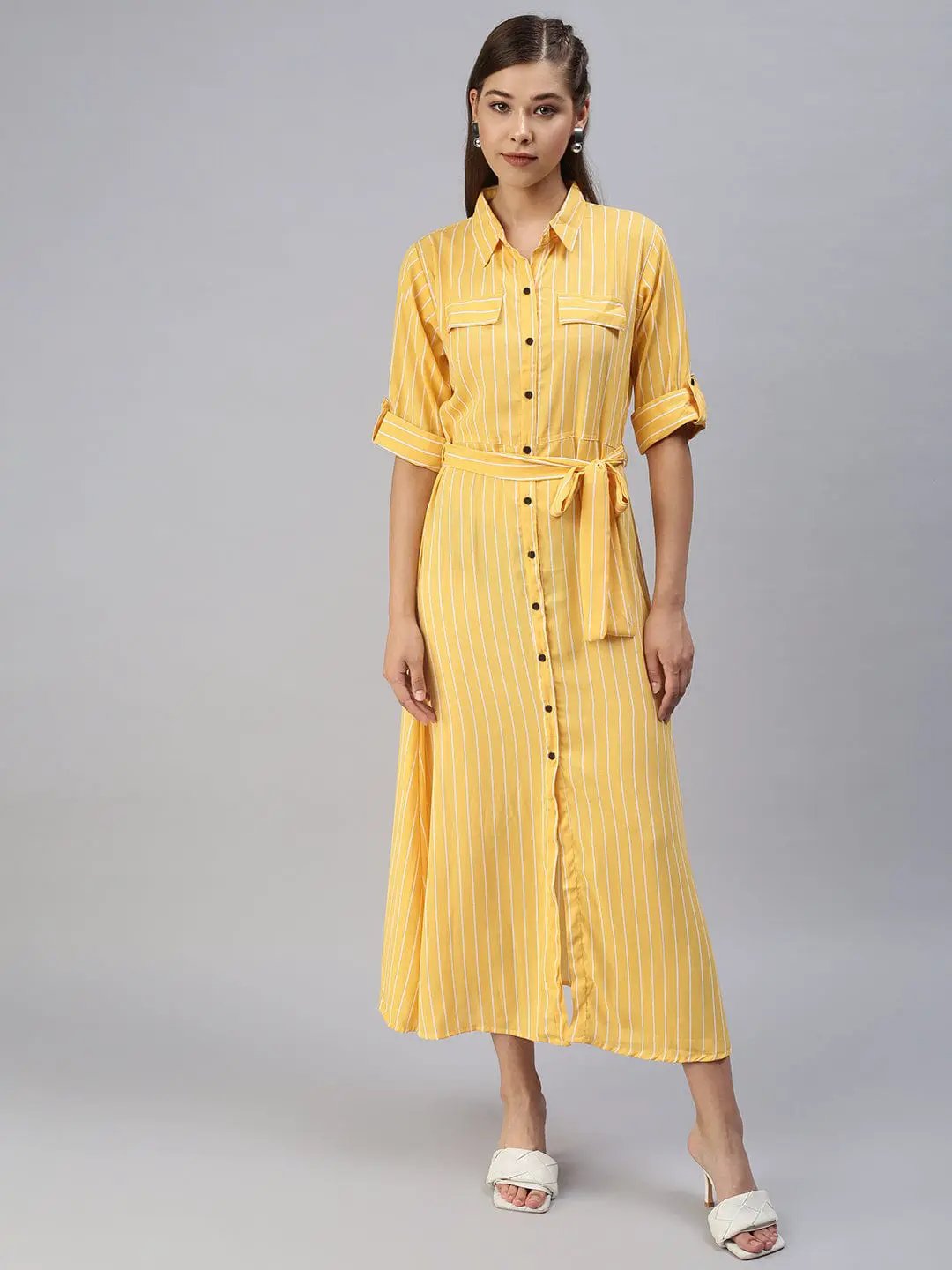 Women's Printed Fit and Flare Yellow Dress