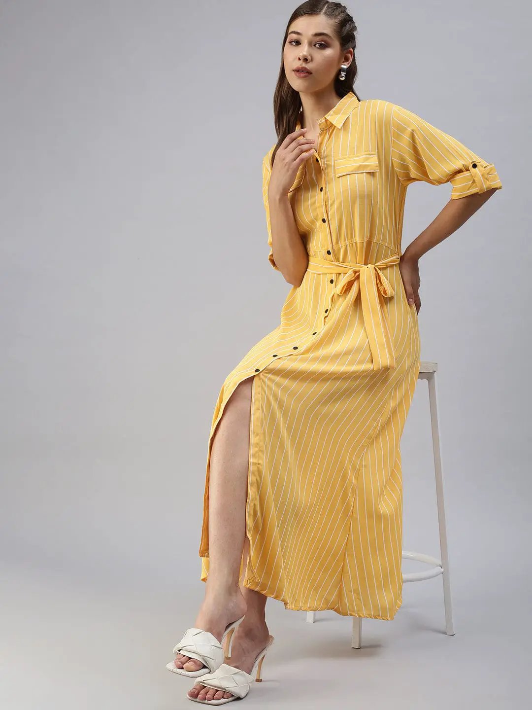 Women's Printed Fit and Flare Yellow Dress