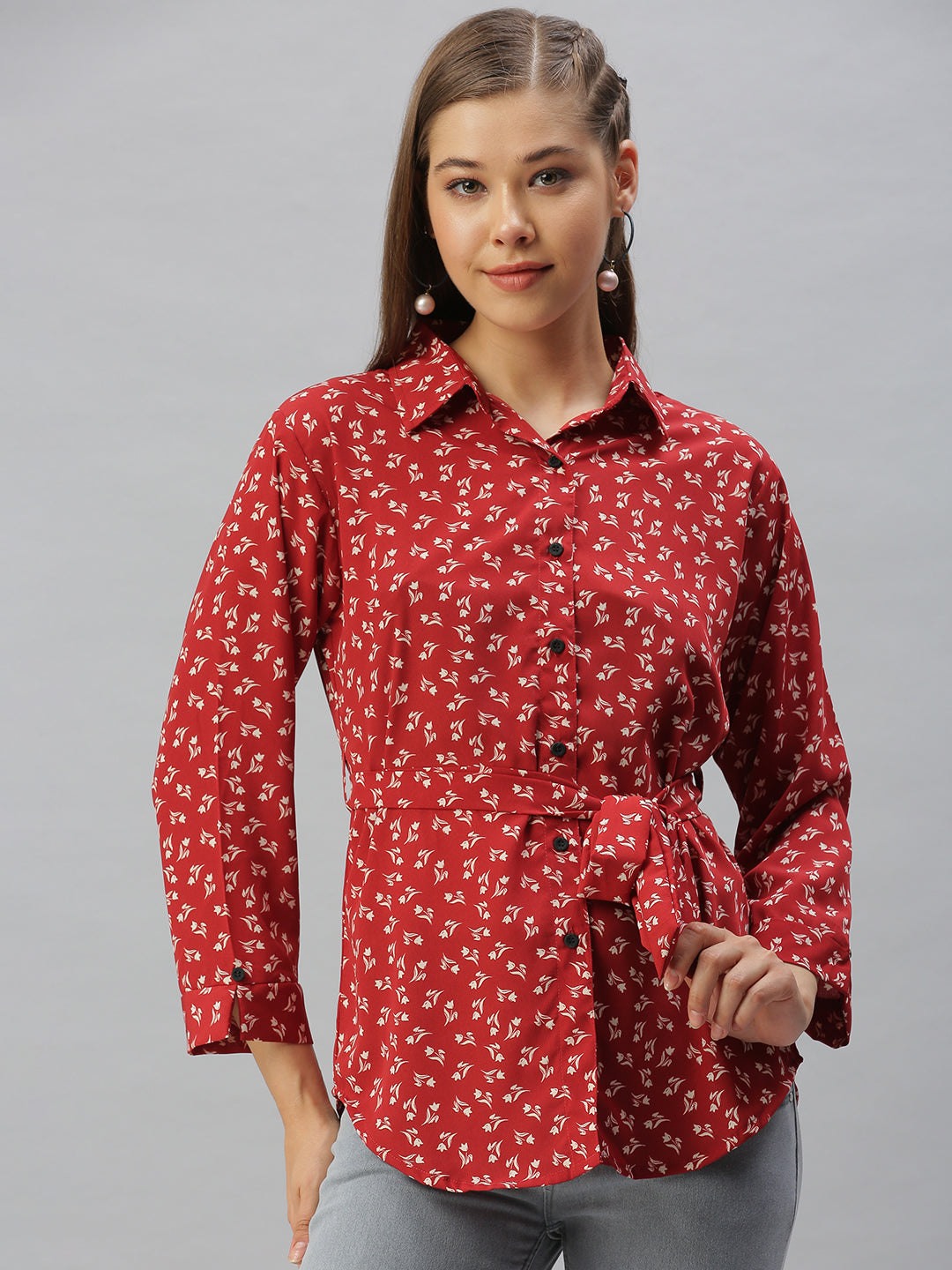 Women Slim Fit Red Floral Shirt