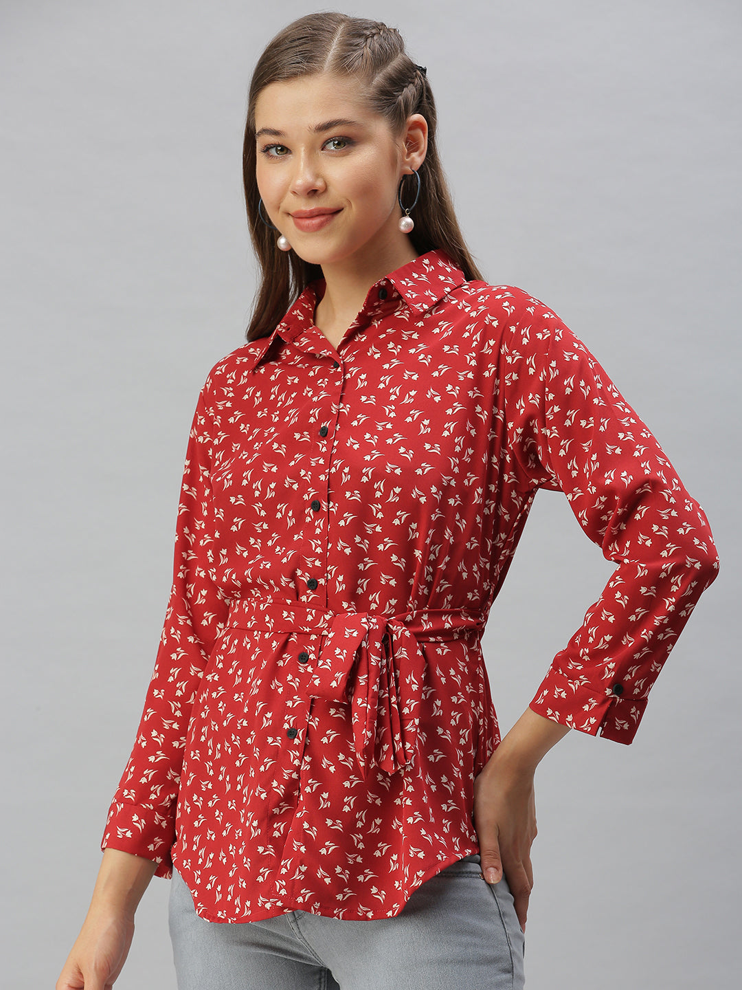 Women's Red Comfort Slim Fit Floral Printed Casual Shirt