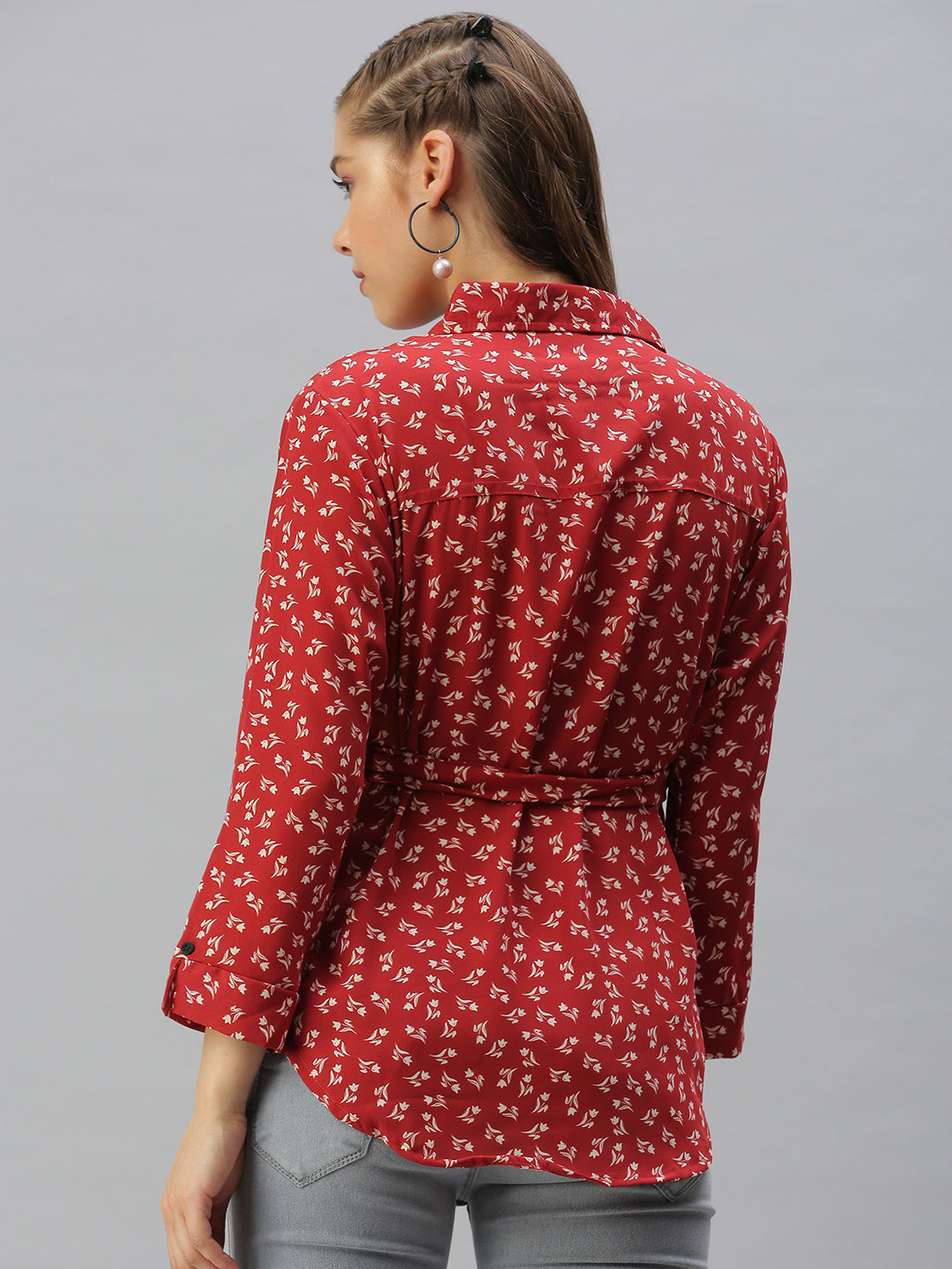 Women's Red Comfort Slim Fit Floral Printed Casual Shirt