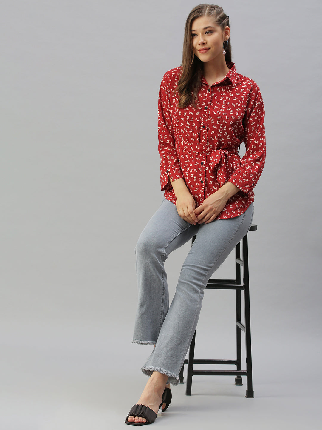 Women's Red Comfort Slim Fit Floral Printed Casual Shirt