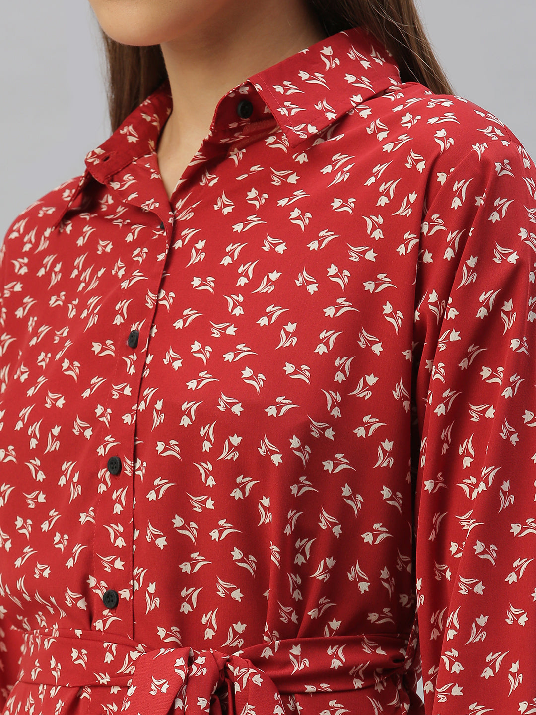 Women's Red Comfort Slim Fit Floral Printed Casual Shirt