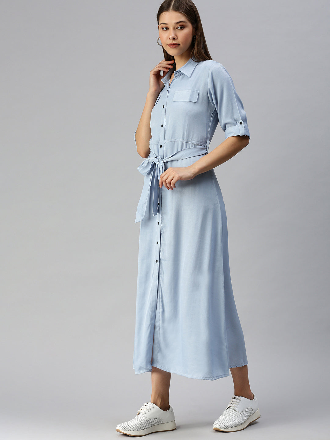 Women Solid Shirt Style Blue Dress