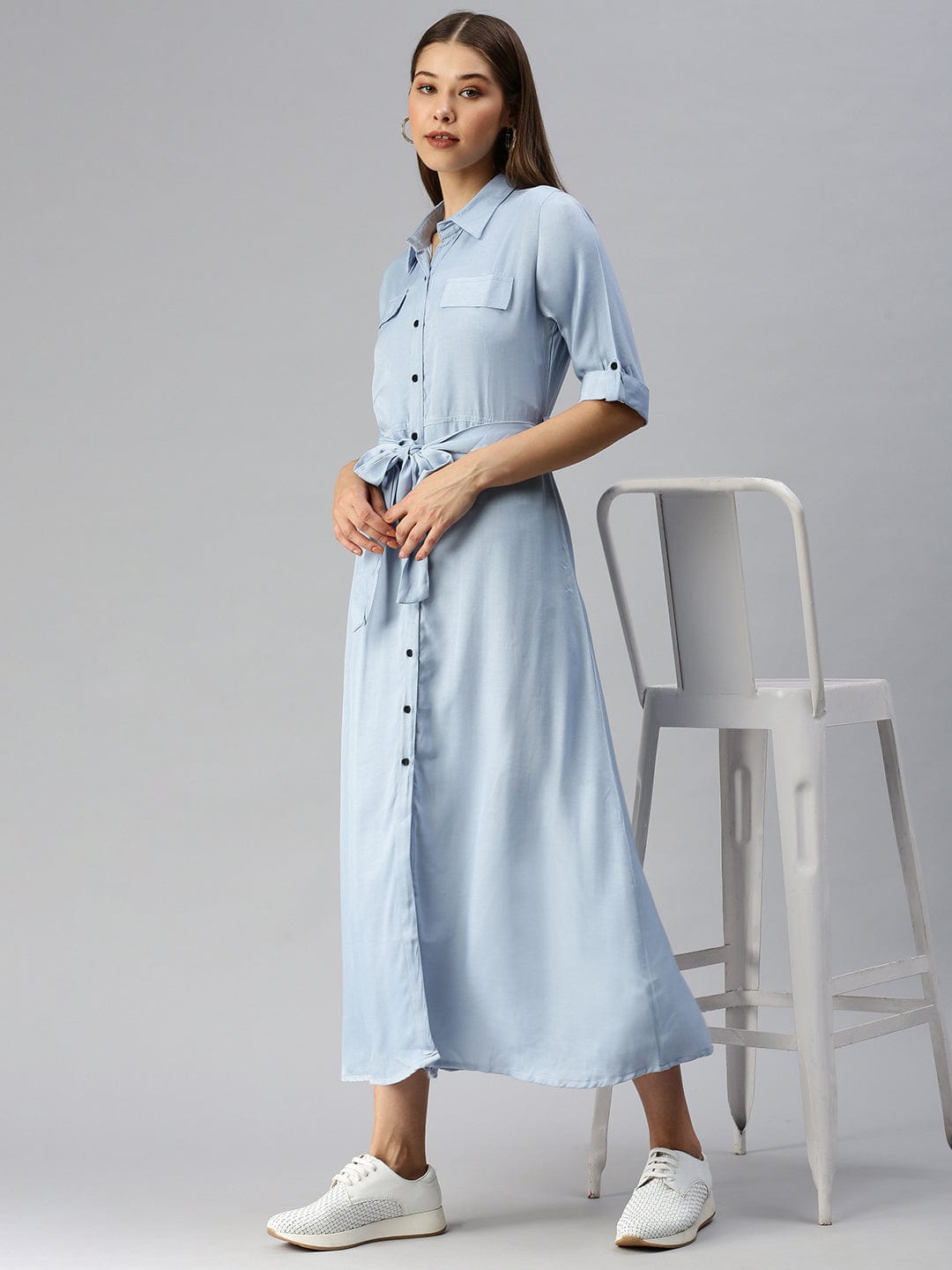 Women's Blue Denim Shirt Midi Dress