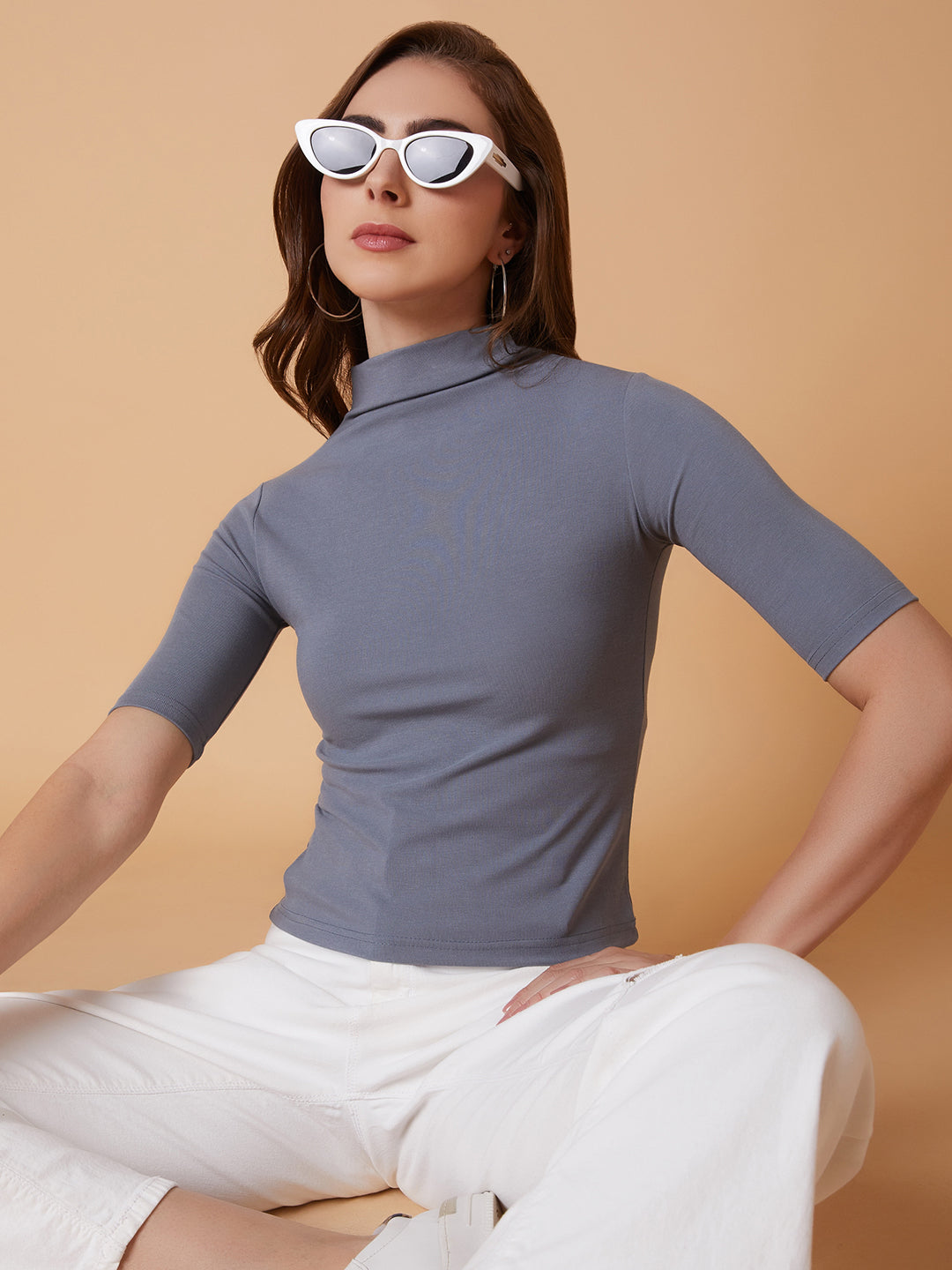 Women High Neck Grey Solid T Shirt