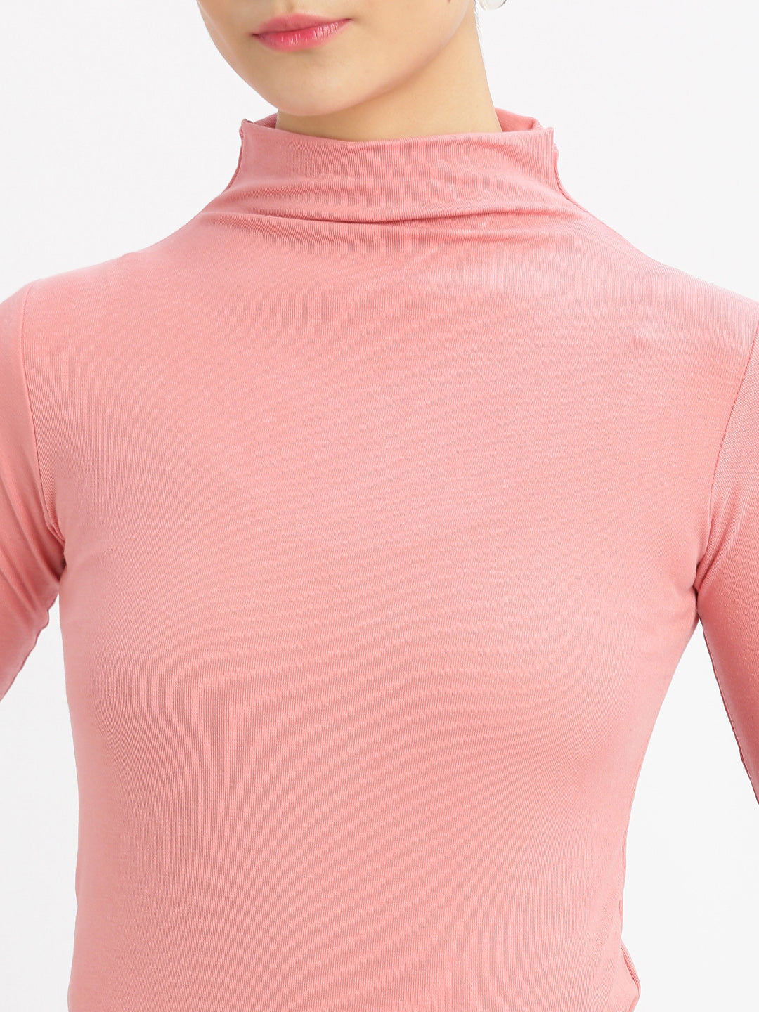 Women High Neck Peach Solid T Shirt