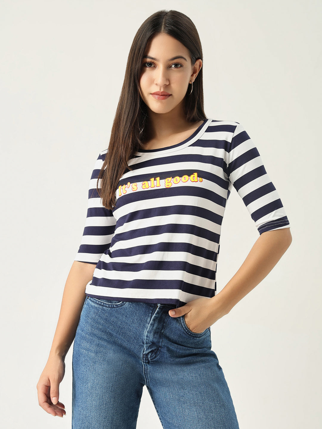 Women Striped Navy Blue T Shirt