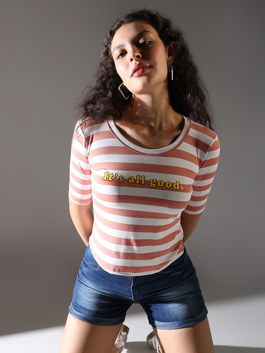 Women Striped Peach T Shirt