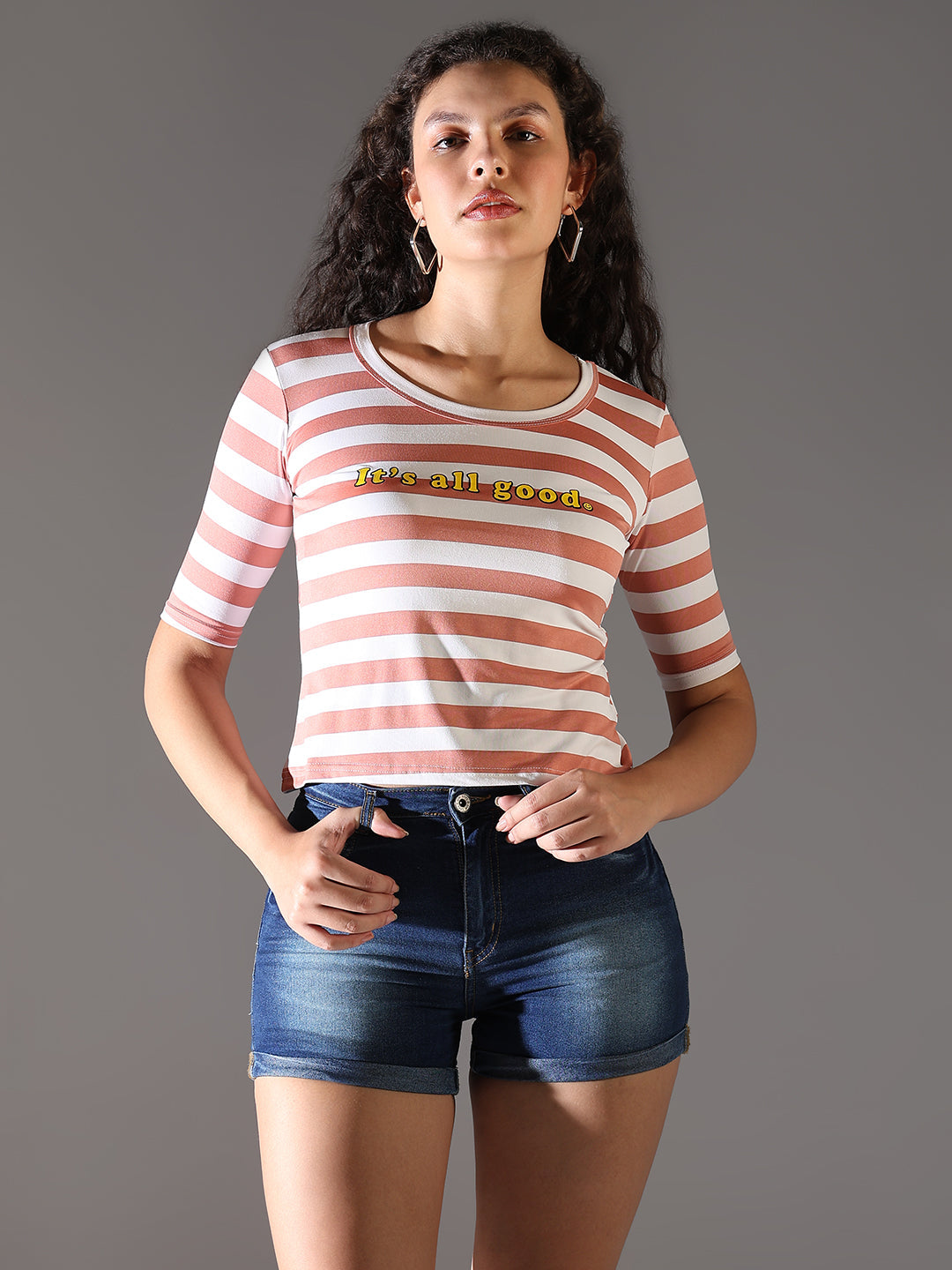 Women Striped Peach T Shirt