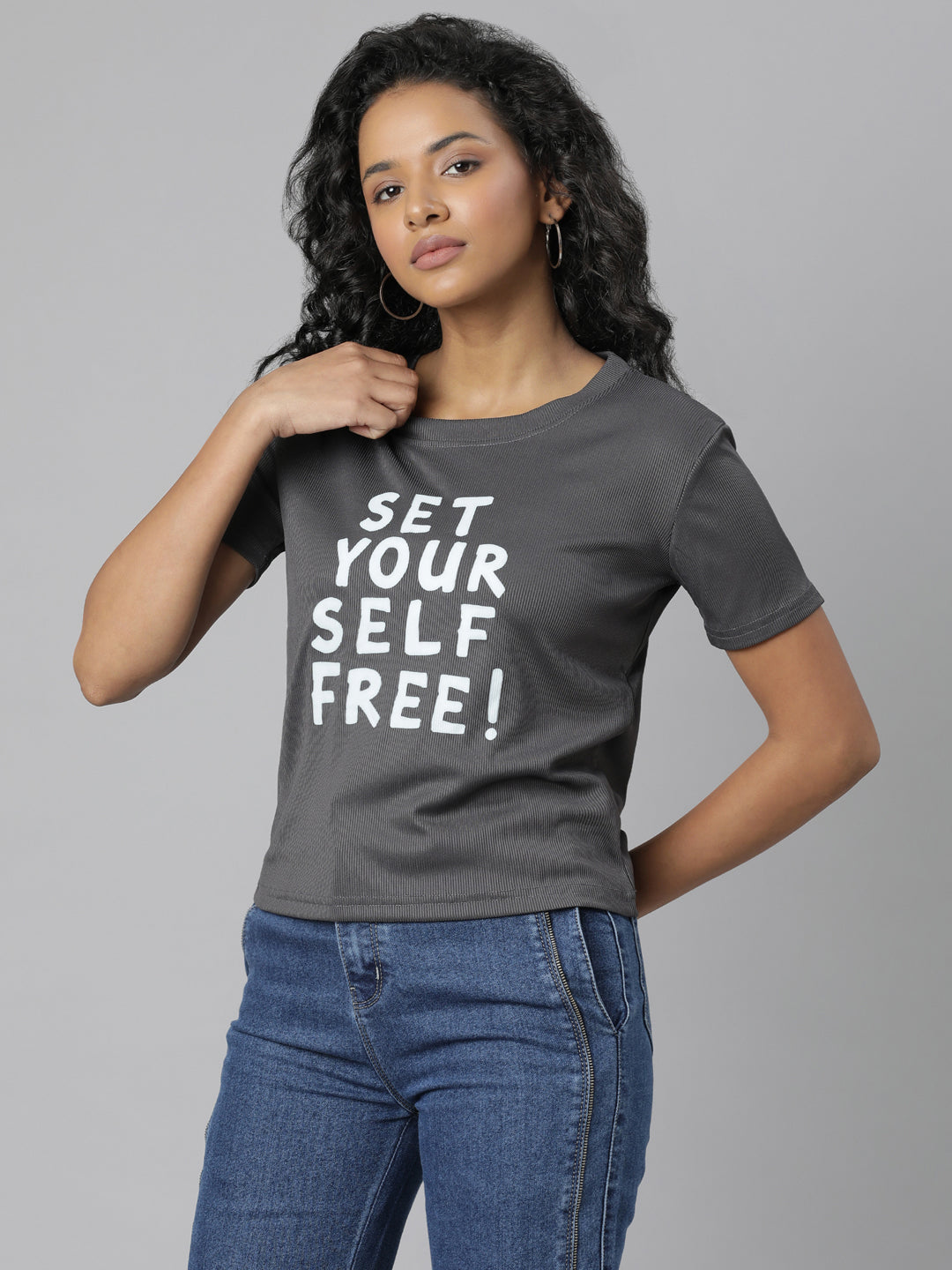 Women Grey Fit Typography T Shirt