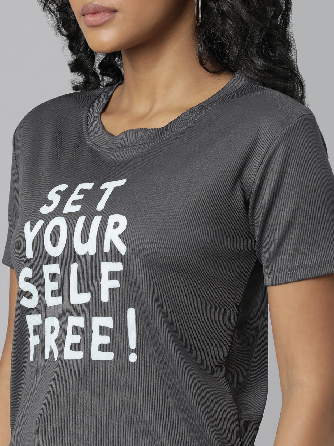 Women Grey Fit Typography T Shirt