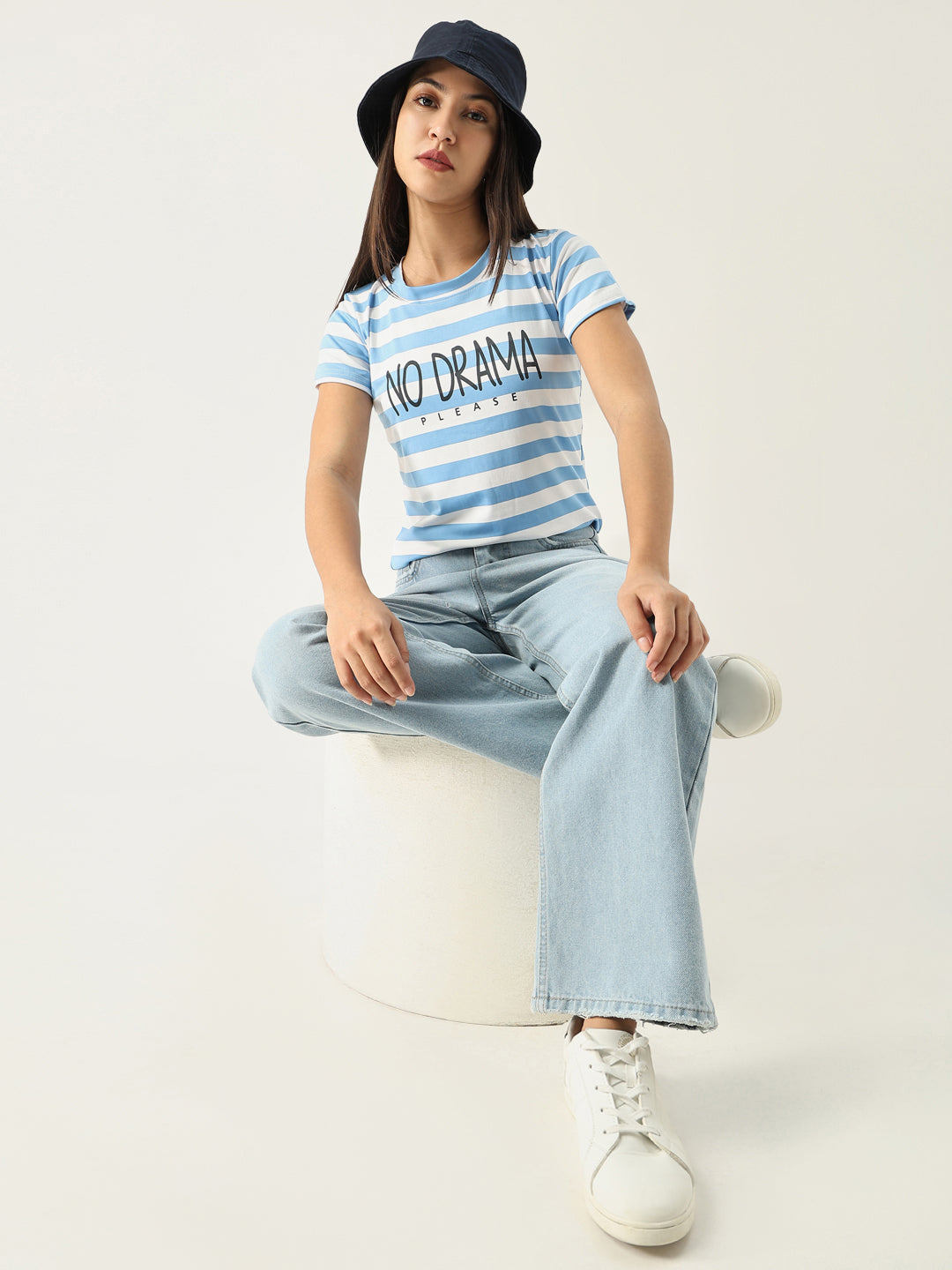 Women Striped Blue T Shirt