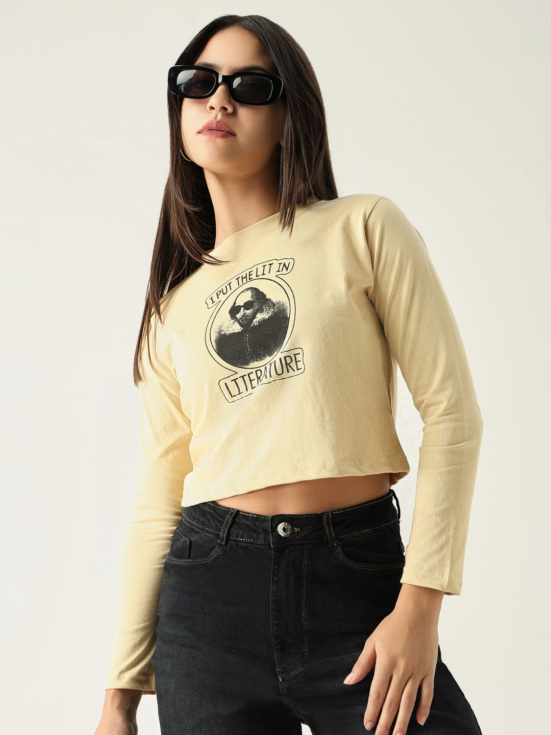 Women's Graphic Beige Crop T-Shirt