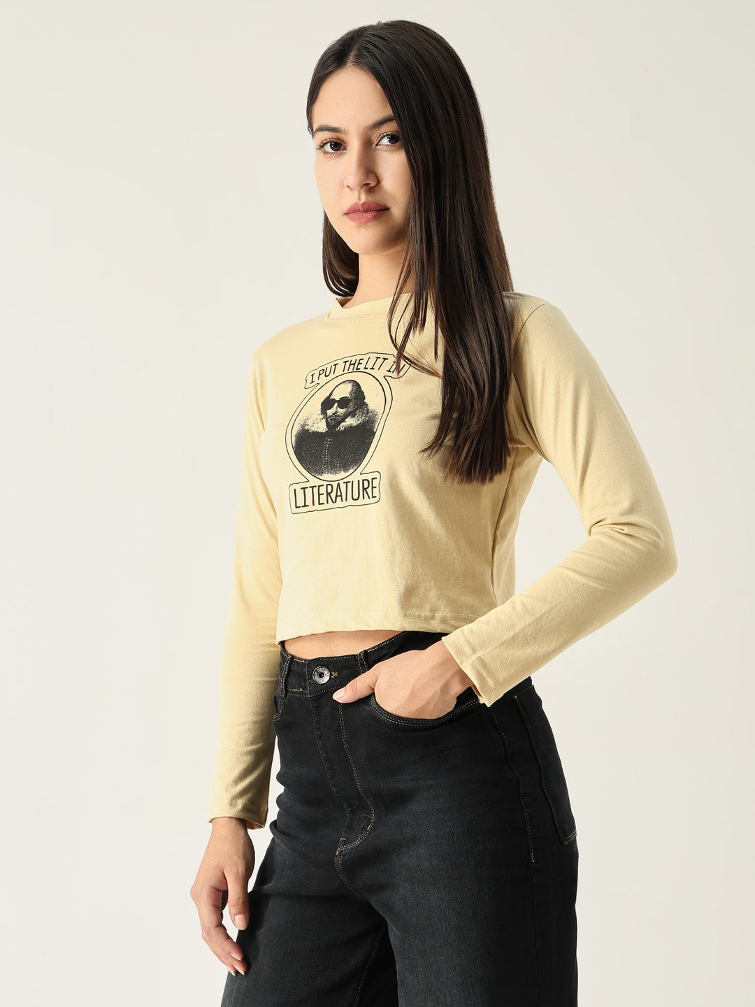Women's Graphic Beige Crop T-Shirt