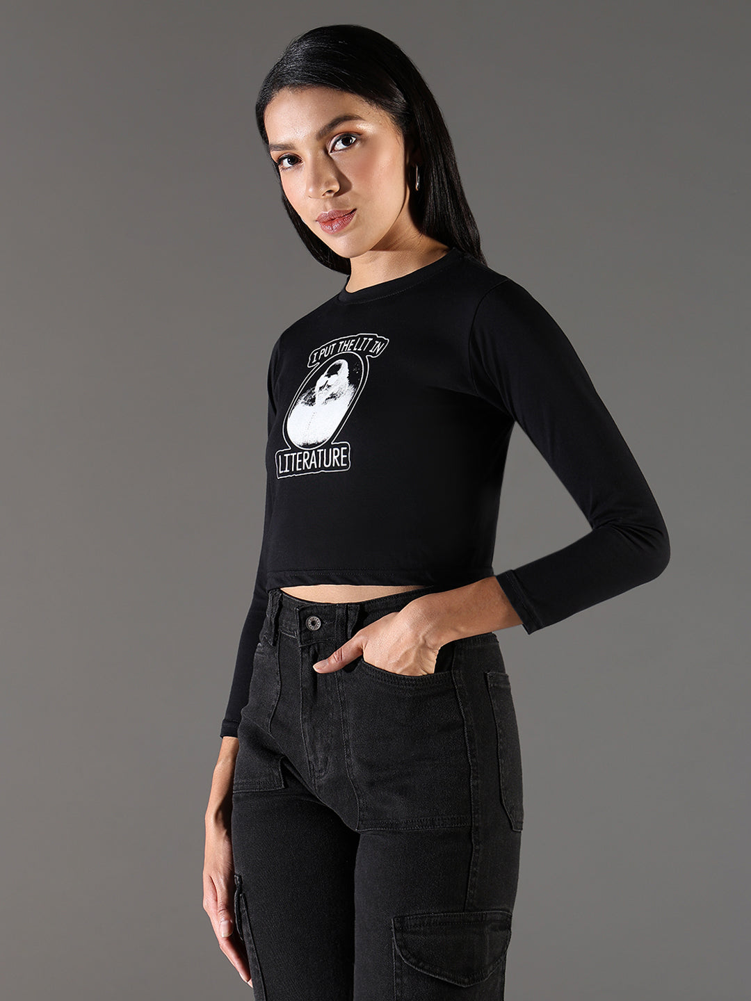 Women Graphic Black Crop T Shirt