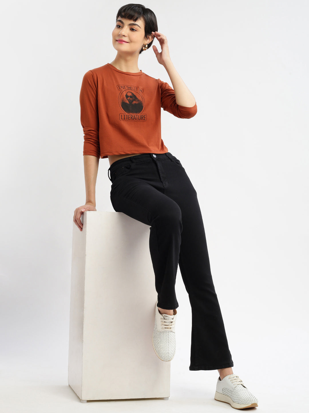 Women Round Neck Brown Printed T Shirt