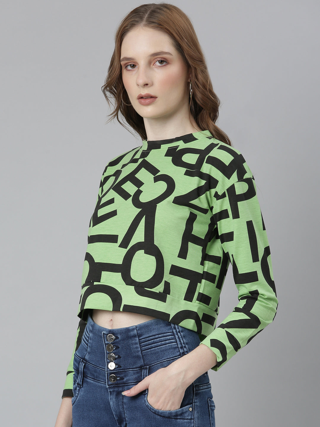 Women's Green Typography Printed Drop-Shoulder Sleeves Boxy Crop T-Shirt