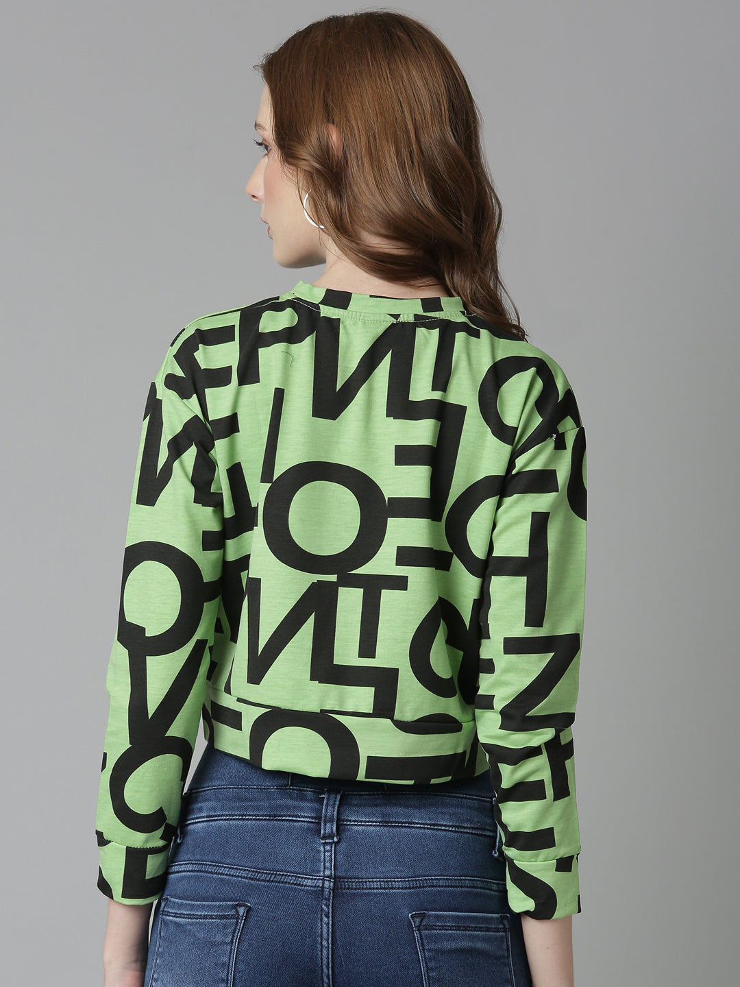 Women's Green Typography Printed Drop-Shoulder Sleeves Boxy Crop T-Shirt