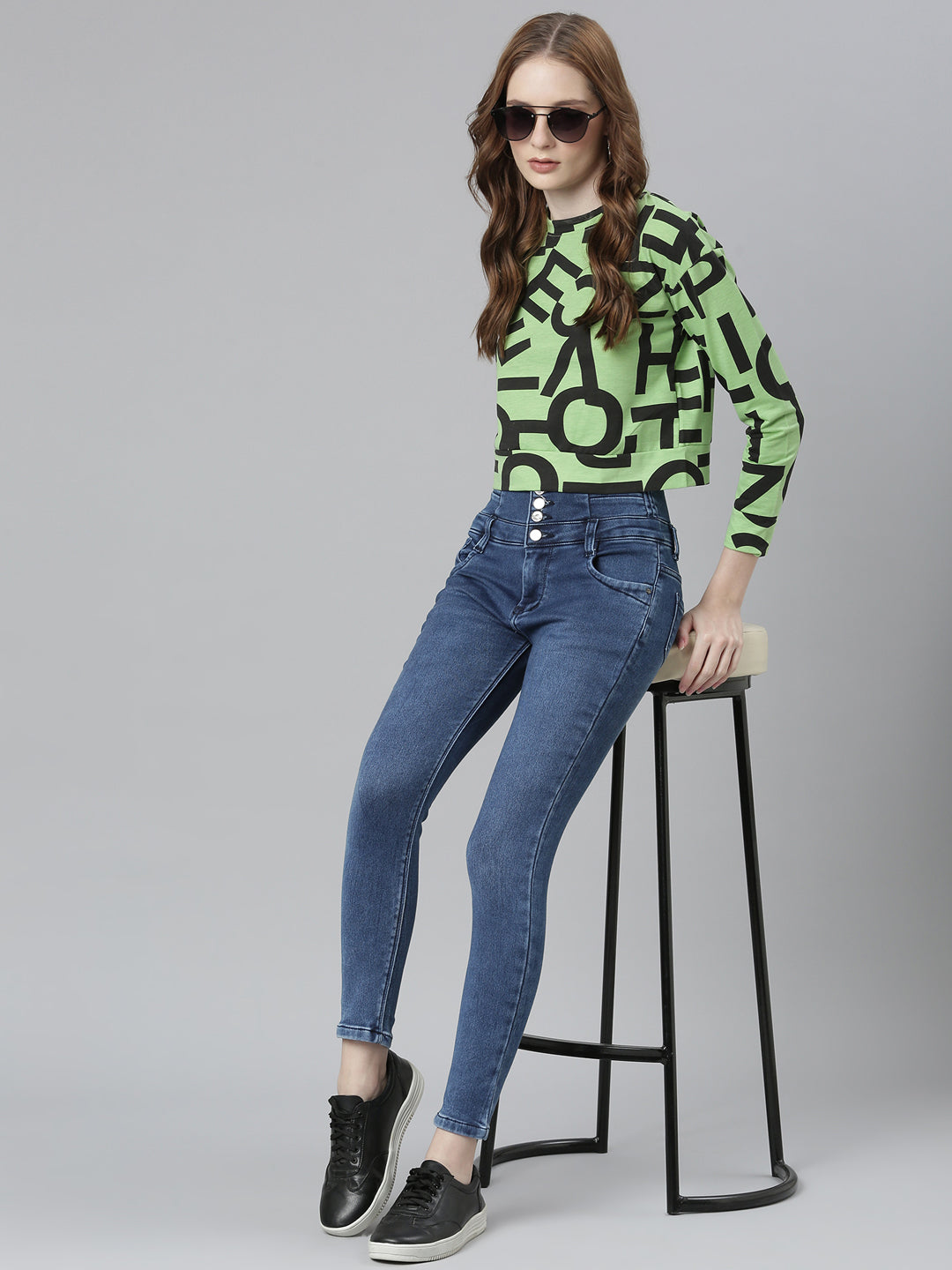 Women's Green Typography Printed Drop-Shoulder Sleeves Boxy Crop T-Shirt