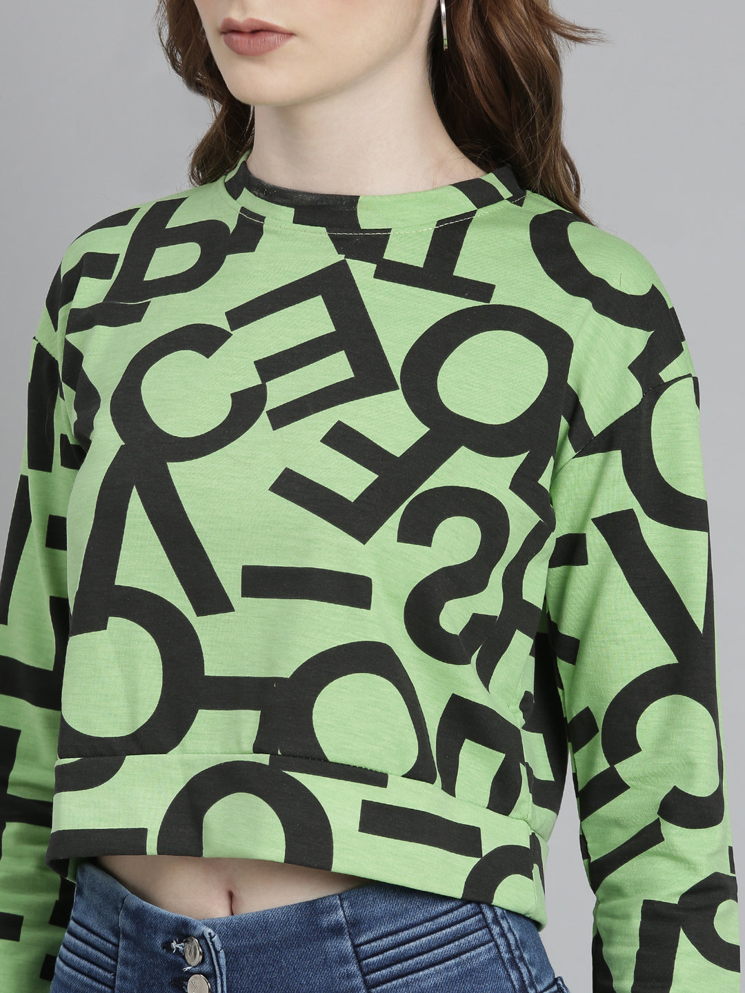 Women's Green Typography Printed Drop-Shoulder Sleeves Boxy Crop T-Shirt