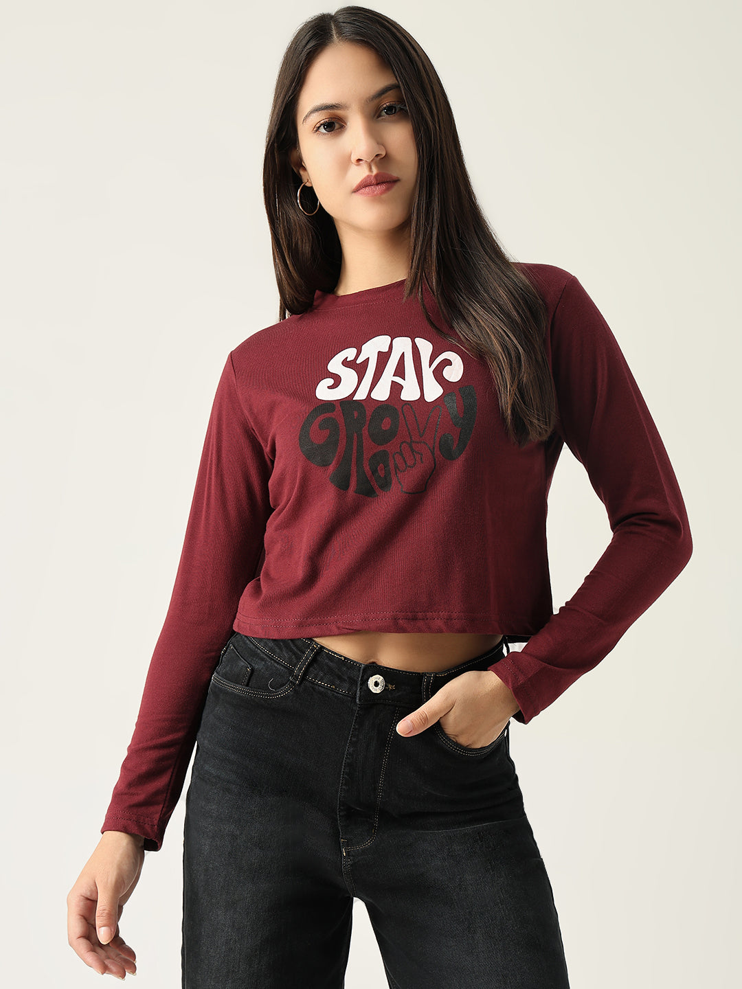 Women Graphic Burgundy Crop T Shirt