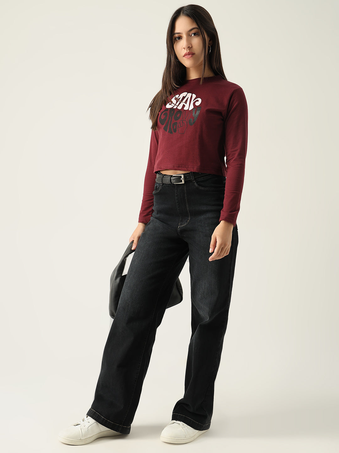 Women Graphic Burgundy Crop T Shirt