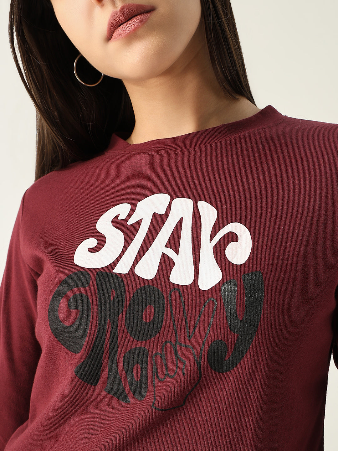 Women Graphic Burgundy Crop T Shirt