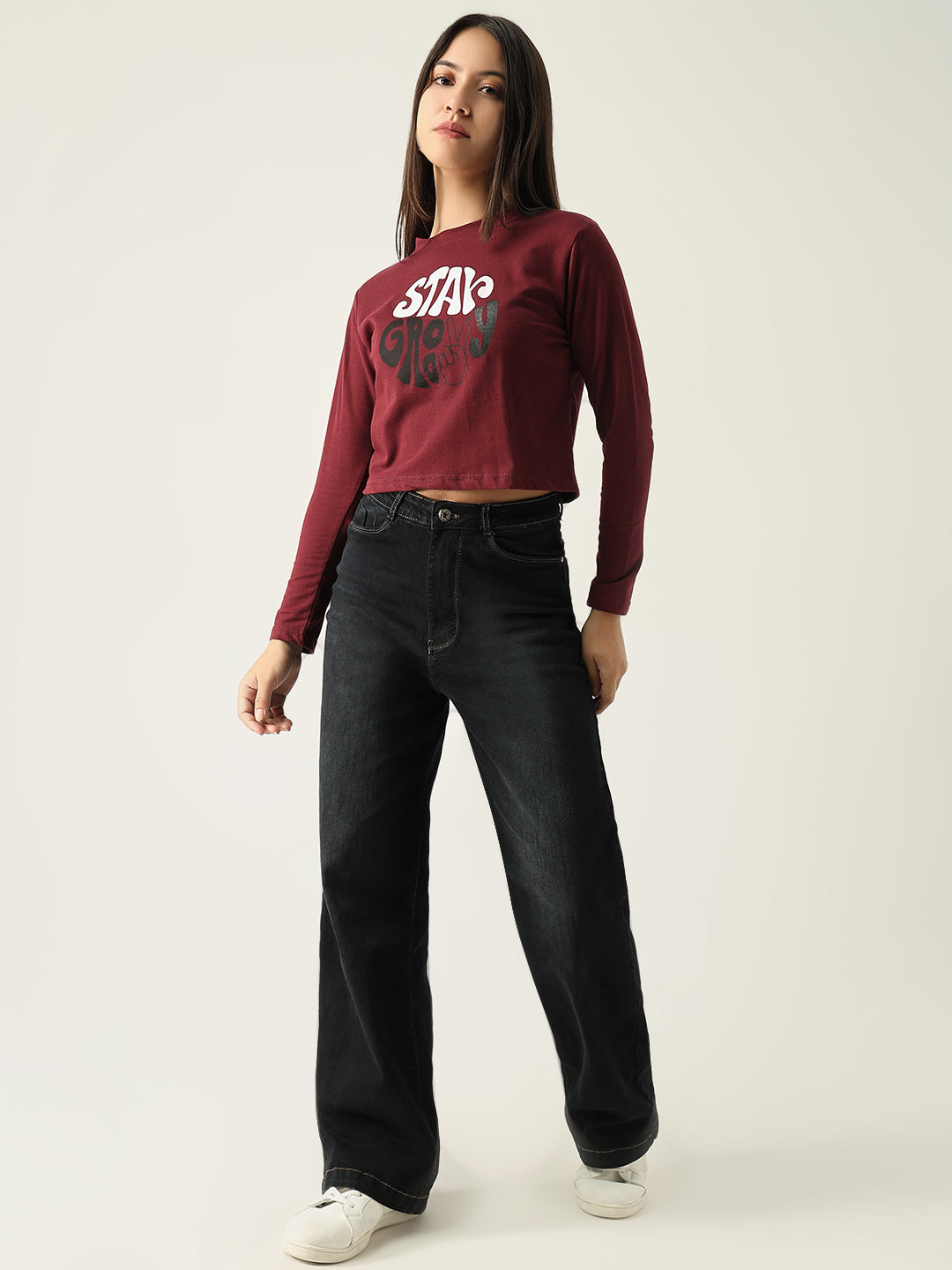 Women Graphic Burgundy Crop T Shirt