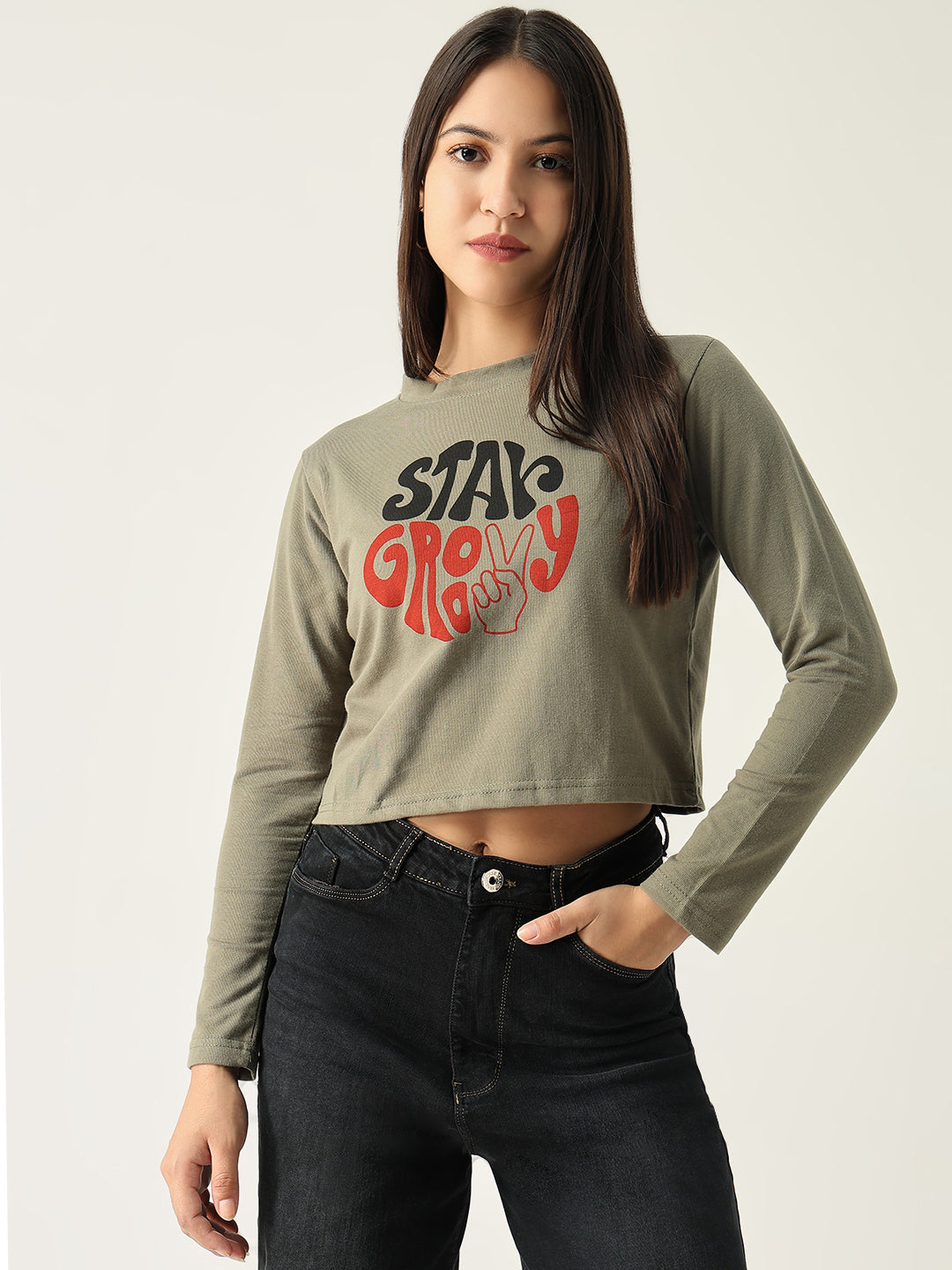 Women Graphic Olive Crop T Shirt