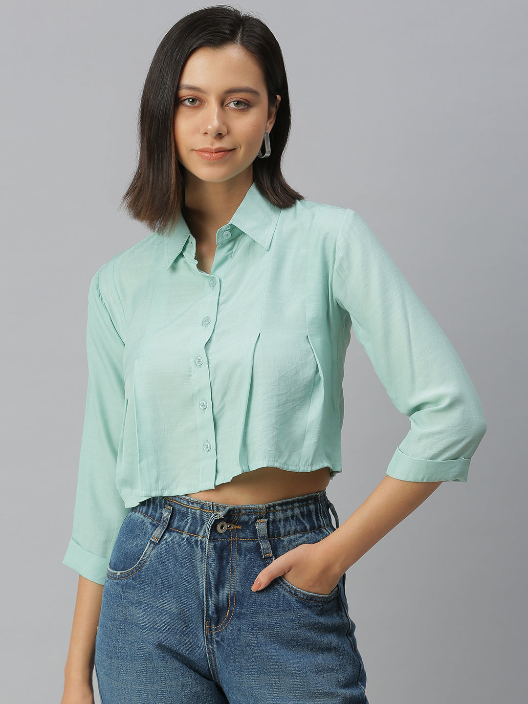 Women Sea Green Solid Boxy Shirt