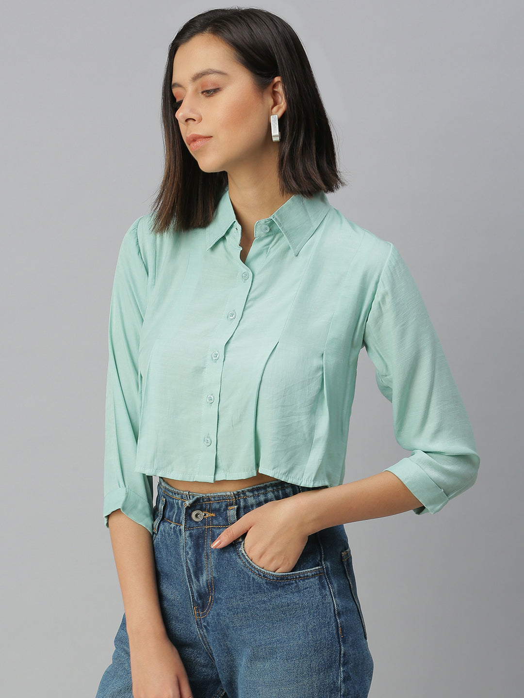 Women Sea Green Solid Boxy Shirt