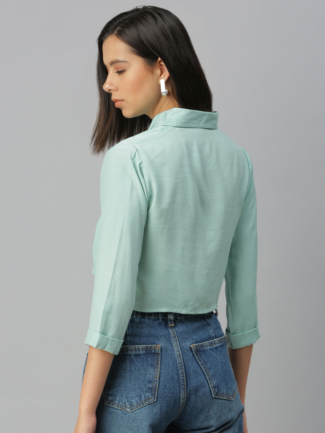 Women Sea Green Solid Boxy Shirt