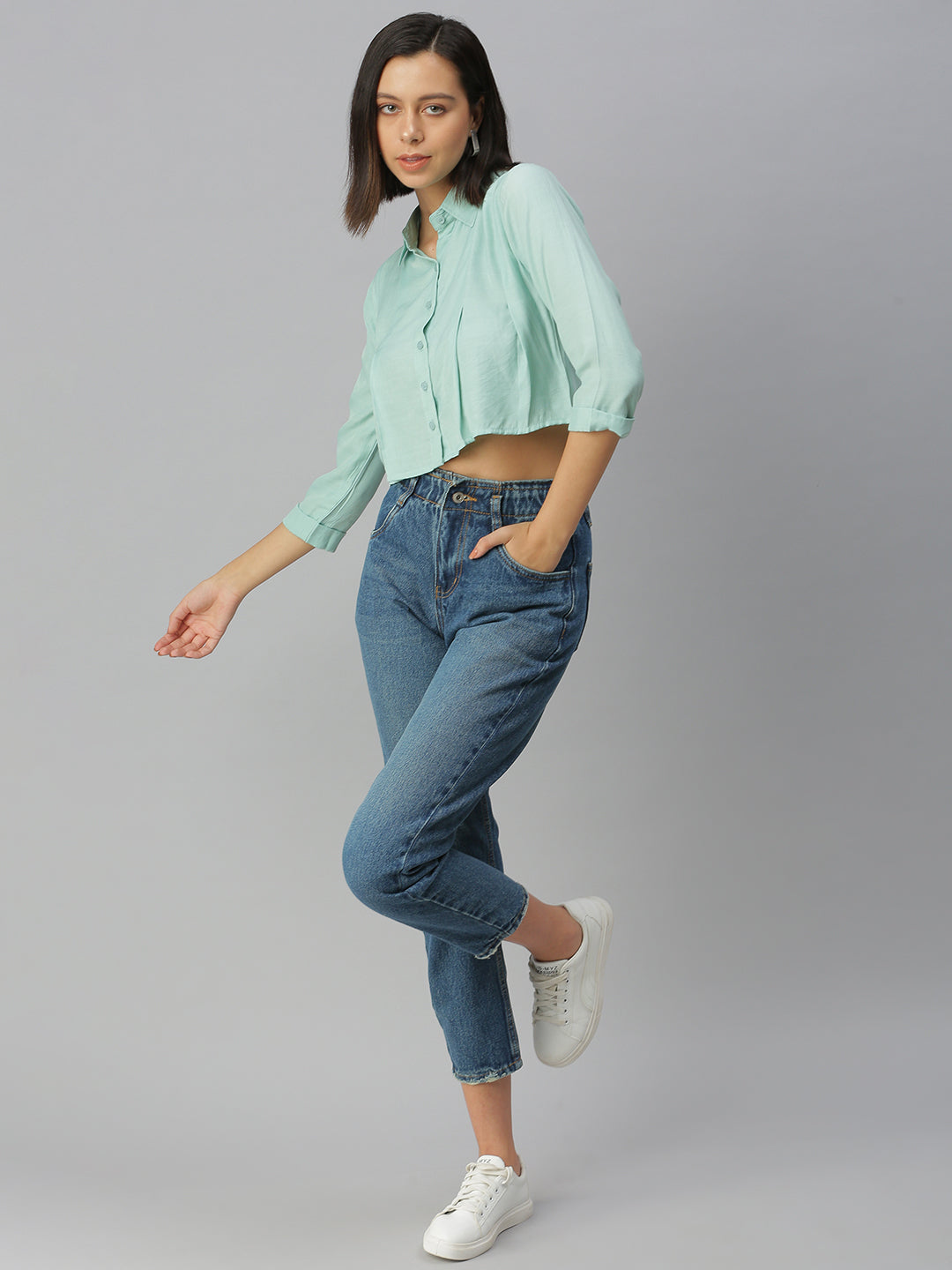 Women Sea Green Solid Boxy Shirt