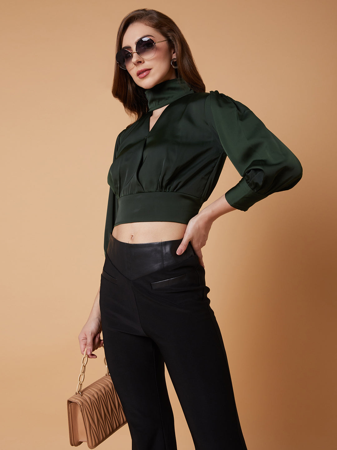 Women Solid Green Blouson Top