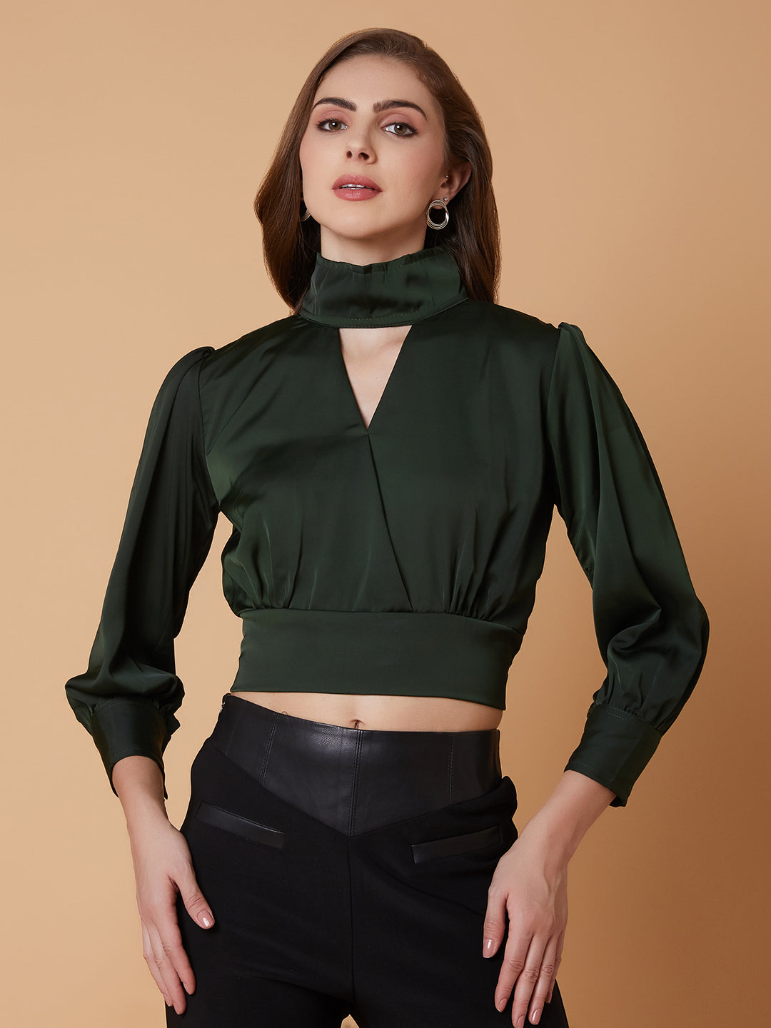 Women Solid Green Blouson Top