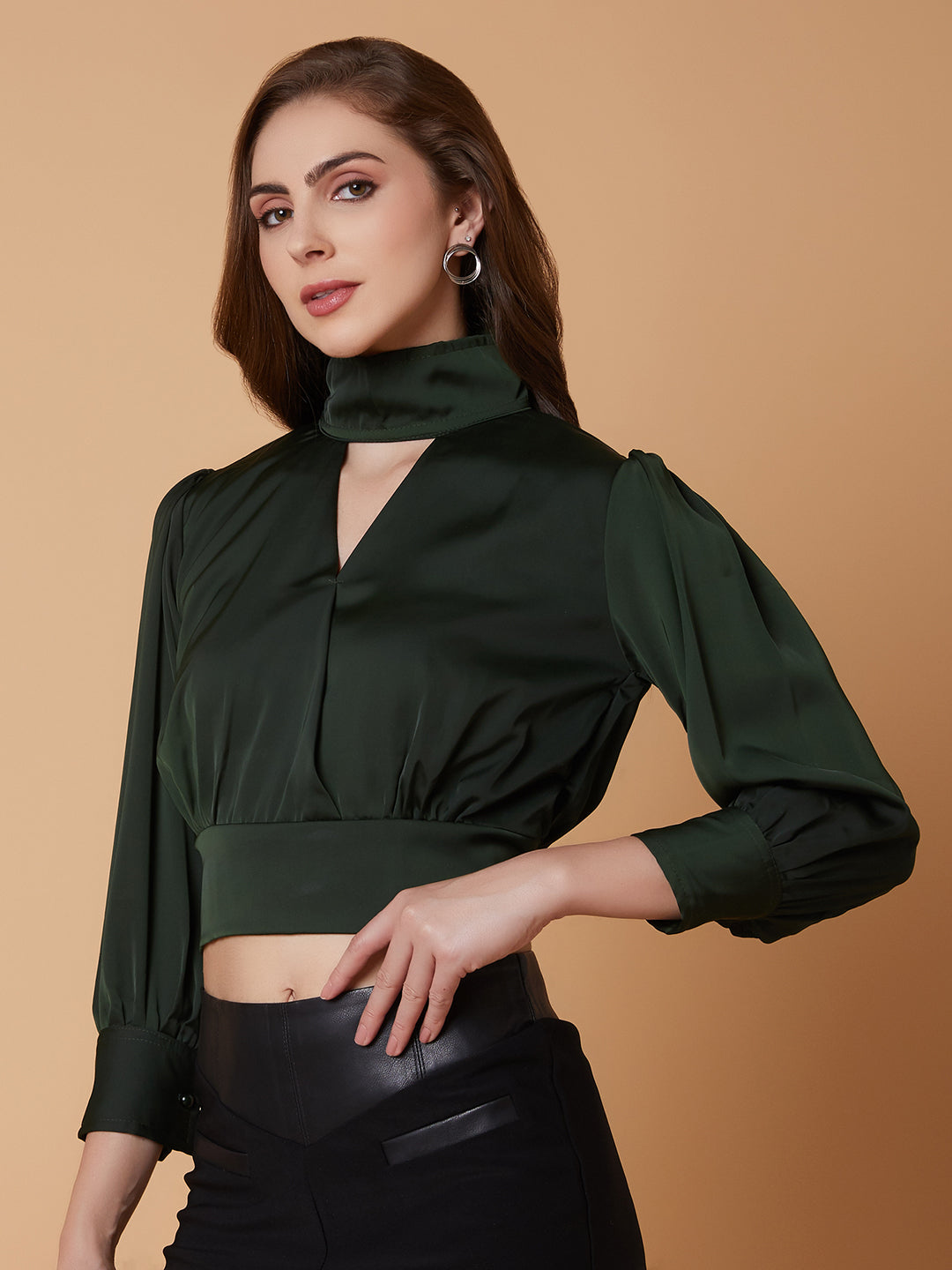 Women Solid Green Blouson Top