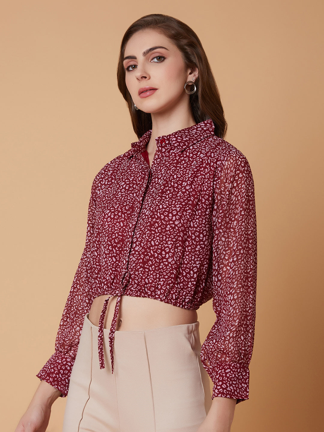 Women Abstract Maroon Blouson Crop Top