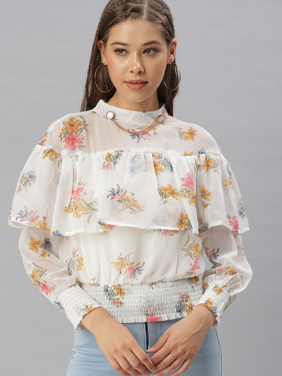 Women Printed Off White Cinched Waist Top