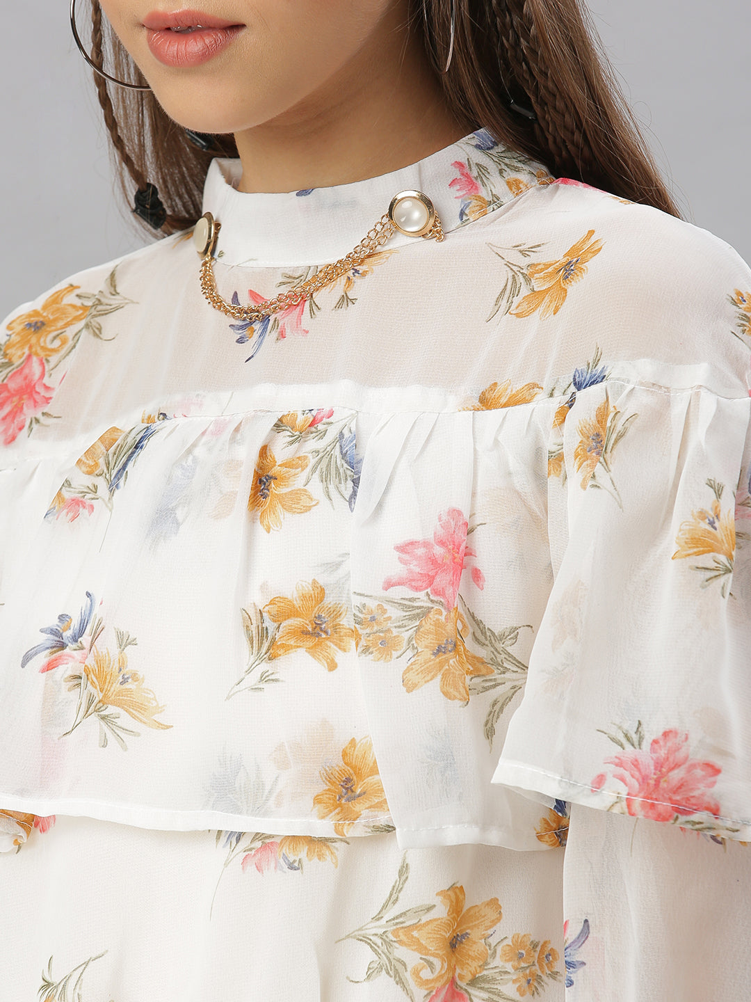 Women Printed Off White Cinched Waist Top