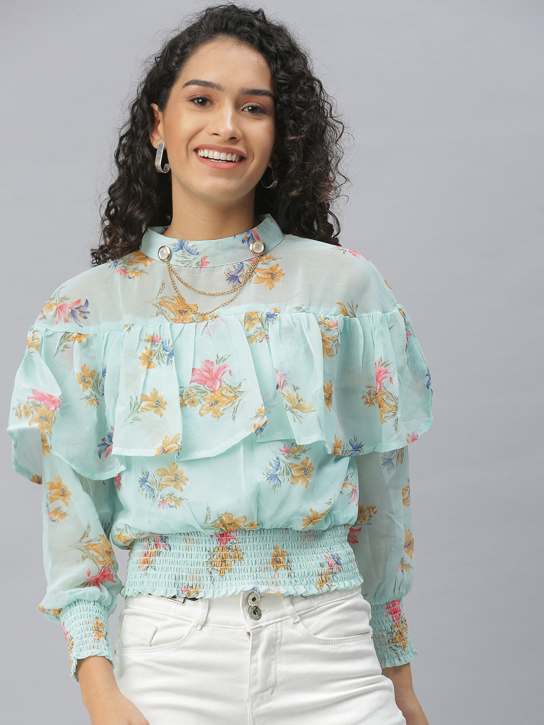 Women Printed Sea Green Cinched Waist Top